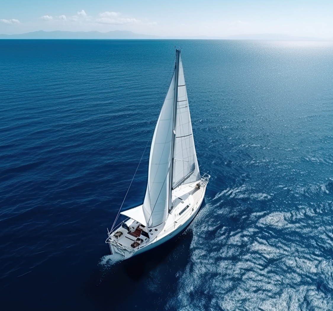 Sailing yacht against the blue sky. Luxury cruise vacation. Top view of a luxury yacht sailing on the ocean.