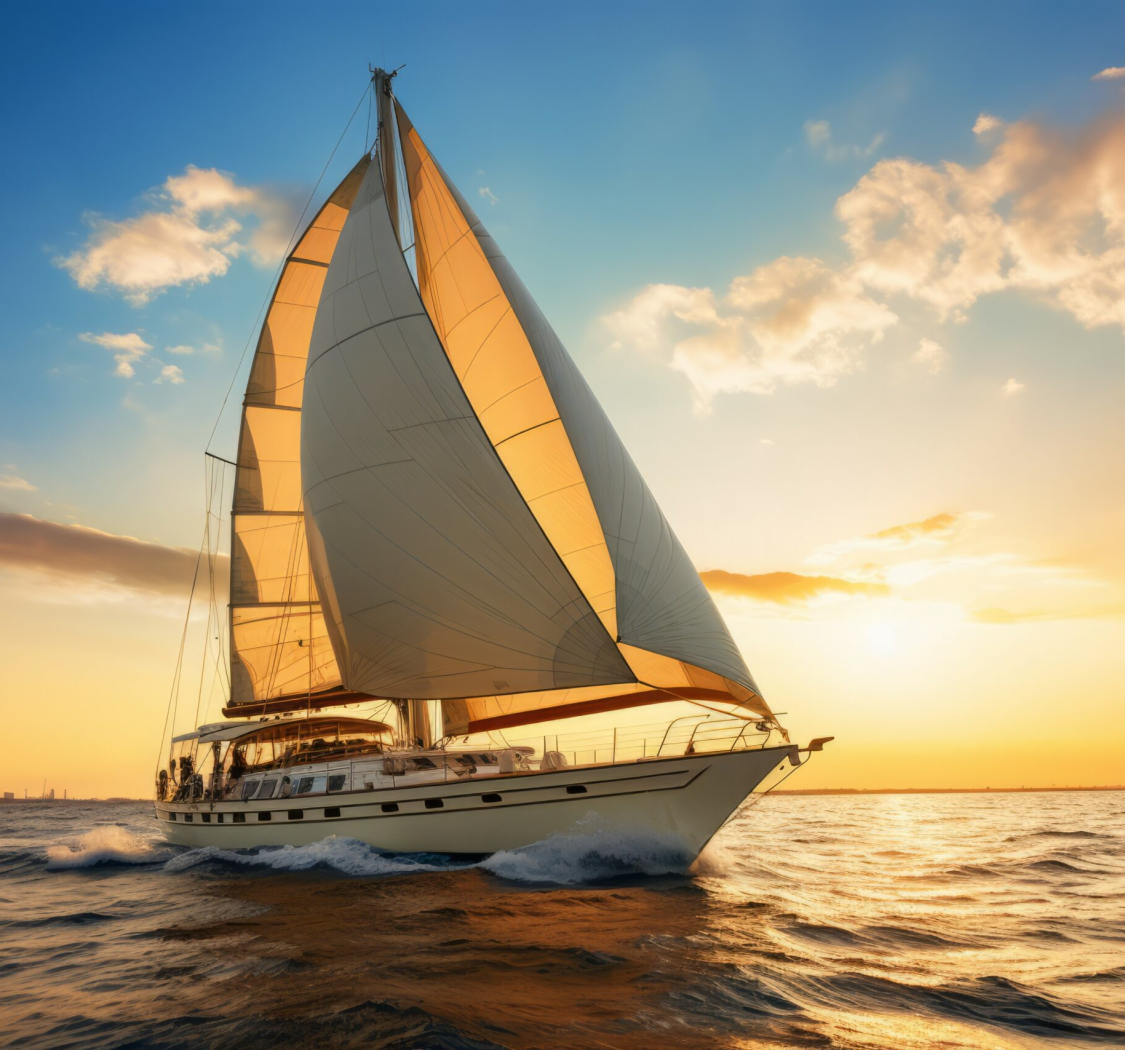 Luxury yacht sailing at sunset. Adventure tourism. Generate AI