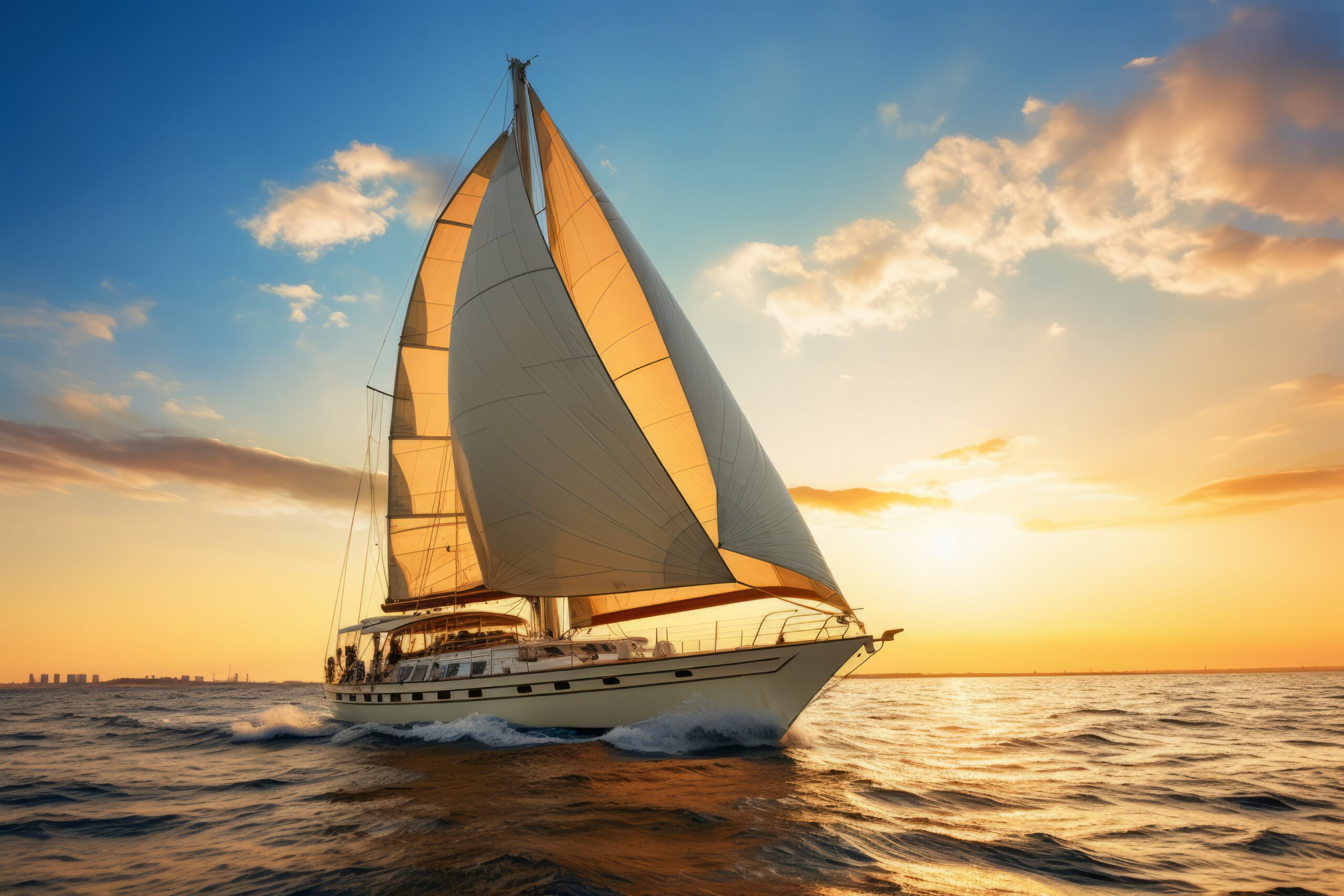 Luxury yacht sailing at sunset. Adventure tourism. Generate AI